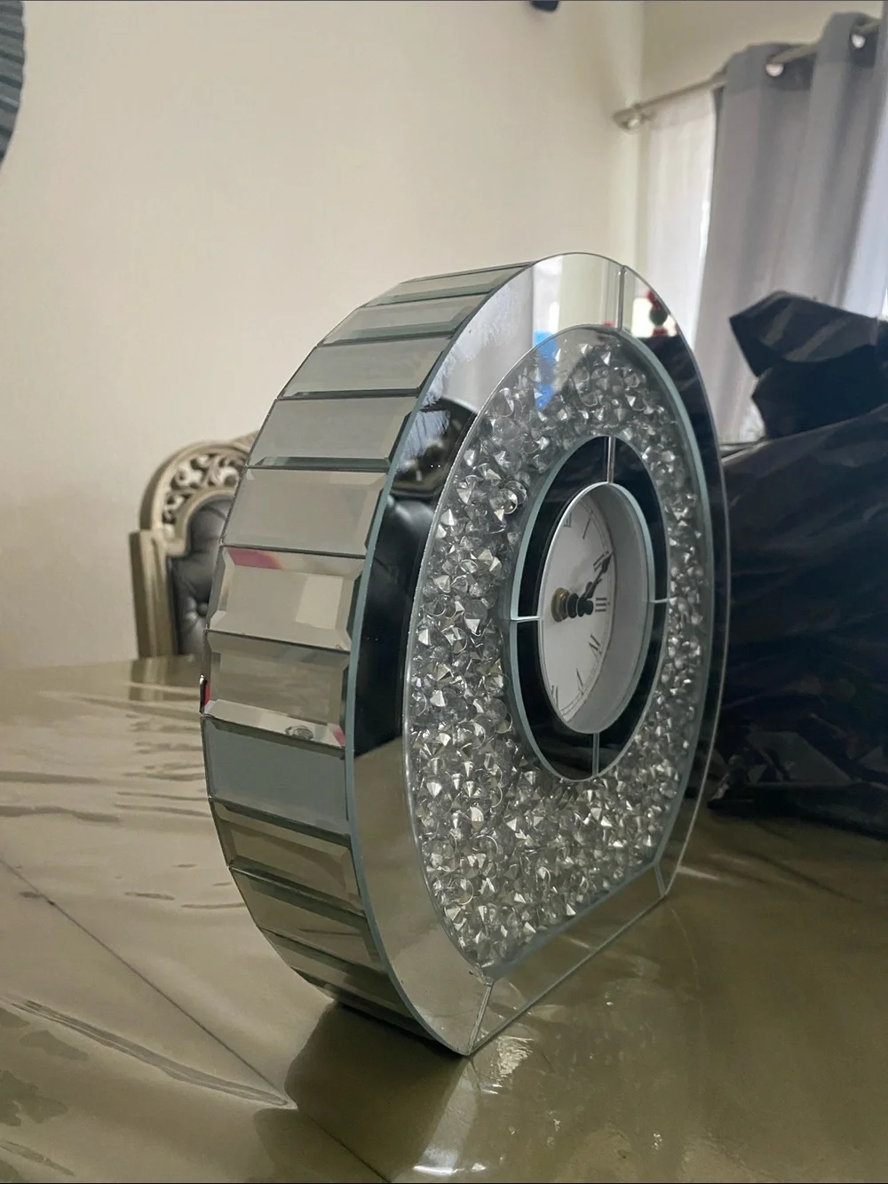 Crystal Accent Wall Clock - Silver Mirrored Home Decor